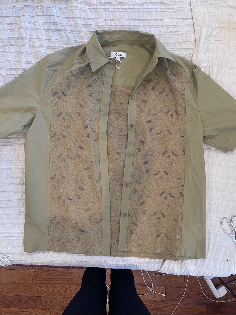 COS Olive Green Short-Sleeve Patterned Panel Shirt Jacket
